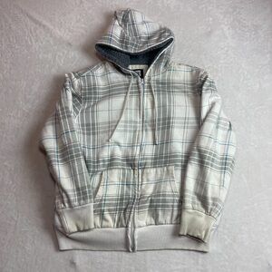 Ocean Pacific Men's White Gray Plaid Full Zip Sherpa Lined Hoodie Size L